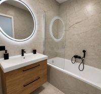 Bathroom in a 2-room apartment with a shower and furniture in wood decor.
