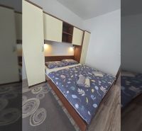 Bedroom in a 2-room apartment with a bed, wardrobe, and floor with wood decor.