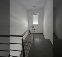 A staircase with a window in a 2-room apartment, dark flooring, and a steel railing.