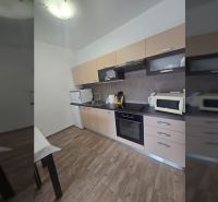 A kitchen in a 2-room apartment, with a modern kitchen unit and a floor with a wooden decor.