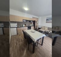 The kitchen of a two-room apartment with a corner sofa and a floor with a wooden decor.