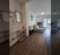Bright living space in a two-room apartment with a wooden decor floor.