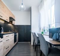 A kitchen with black wall cladding and a floor with a wood decor in a 2-room apartment.