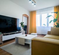Living room in a two-room apartment with a large television and a wooden decor floor.