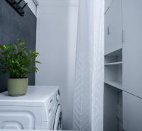 A washing machine with a plant and white cabinets in a 2-room apartment.