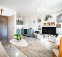 Living room in a 2-room apartment with decorative paintings and a wooden decor floor.
