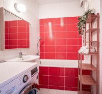 The bathroom in the 2-room apartment features red tiles, a bathtub, and a washing machine.
