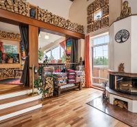 Interior of a family house with wooden decor, a fireplace, and natural elements.