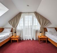 A room in a family house with two beds, a red carpet, and a skylight.