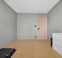 Gray walls in a 3-room apartment with wood-patterned flooring and a white dresser.