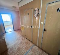 A hallway in a 3-room apartment with a wooden decor floor and decorated doors.