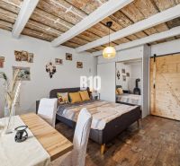 Interior of a family house with a bed, dining table, and decorative wooden ceiling.