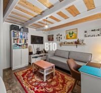 Living room of a family house with a sofa, shelves, and wood-decorated flooring.