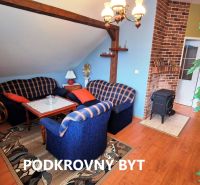 Attic apartment with comfortable seating, brick wall, and wood-decor flooring.