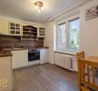 A kitchen in a studio apartment with a wood-patterned floor, light cabinets, large window.