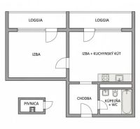 Layout of a 2-room apartment with a loggia, kitchenette, and hallway.
