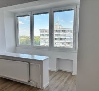 A bright room in a 2-room apartment with a wood-patterned floor and a large window.