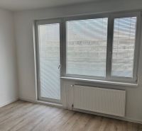 A room with a wooden floor design, windows with blinds, a radiator in a 2-room apartment.