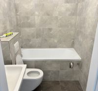 Bathroom in a 2-room apartment with gray tiles and sanitary ware, simple design.