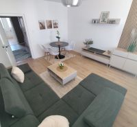 Living room in a 3-room apartment with a wooden decor floor, a sofa, and a dining table.