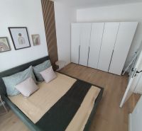 Bedroom in a 3-room apartment with wood-patterned flooring and a large wardrobe.