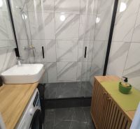 A bathroom with a shower, sink, and washing machine in a 3-room apartment.