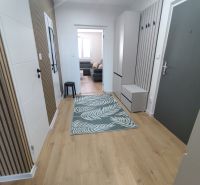 A hallway in a 3-room apartment with a wooden decor floor and modern furnishings.
