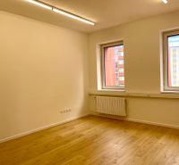 Bright office with wood-patterned flooring, white ceiling, and windows.