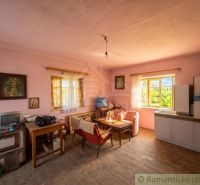 Living room in a family house with a wooden decor floor and retro furniture.