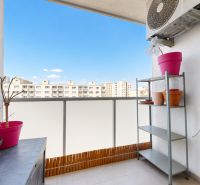 A balcony of a 3-room apartment with flower pots and a view of panel buildings in Devínska Nová Ves.
