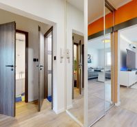 A hallway with a wooden decor floor, a mirrored wardrobe, and a passage to the living room.