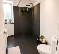A bathroom in a three-room apartment with black tiles and a shower corner.