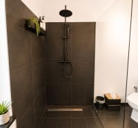 A bathroom in a 3-room apartment with dark tiles and a shower corner.