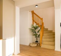 A family house with a wooden decor floor, a plant, and a staircase.