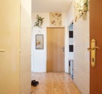Entrance hallway in a 4-room apartment with wood-patterned flooring and simple decoration.