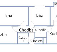 Floor plan of a 4-room apartment with a walk-in closet, bathroom, toilet, kitchen, and balcony.