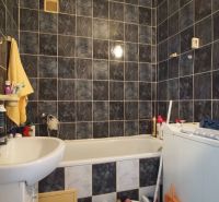 A bathroom in a 4-room apartment with dark tiles, a bathtub, and a washing machine.