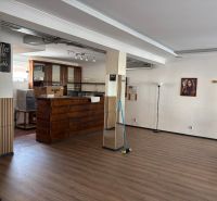 Commercial space with a bar counter and a wooden decor floor.