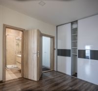 Interior of a 2-room apartment with a wooden decor floor and entrance to the bathroom.