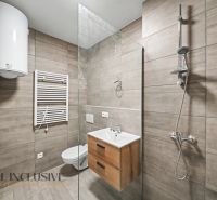 Bathroom in a 2-room apartment with a shower, sink, and electric boiler.
