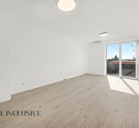 Bright living room in a two-room apartment with wood-patterned flooring and large windows.