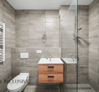 Bathroom in a 2-room apartment with a shower, sink, and wood-patterned tiles.