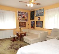 Living room in a family house with a sofa, an armchair, and art paintings on the wall.