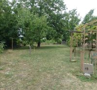 A garden at a family house on the Third Row in Mojmírovce with a gazebo and fruit trees.