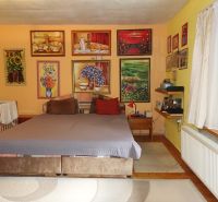 Bedroom in a family house with paintings on the walls and a floor with a wooden decor.