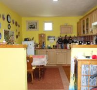 A kitchen in a family house with wooden decor, yellow walls, and decorative plates.