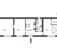 Floor plan of a family house with three rooms, a kitchen, a bathroom, and a pantry.