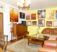 Living room in a family house with a leather sofa and colorful paintings on the walls.