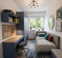 Children's room with a bed, a desk, and a floor with a wooden decor in a 4-room apartment.