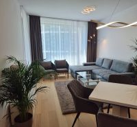 Living room in a 2-room apartment with a corner sofa, dining table, and wooden decor flooring.